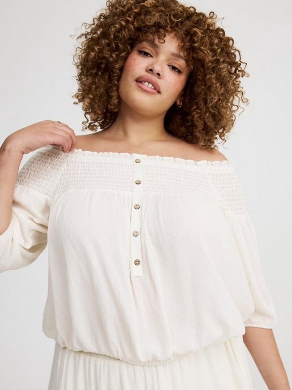 Torrid Plus Size Cream Crinkle Gauze Off Shoulder Top